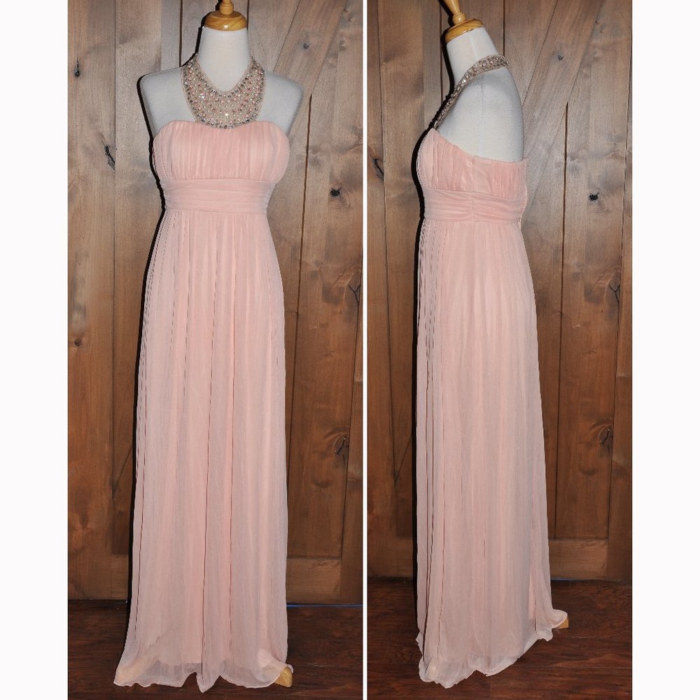 Vintage City Studio Peach Beaded Invisible Halter Empire Sexy Open Back Gown